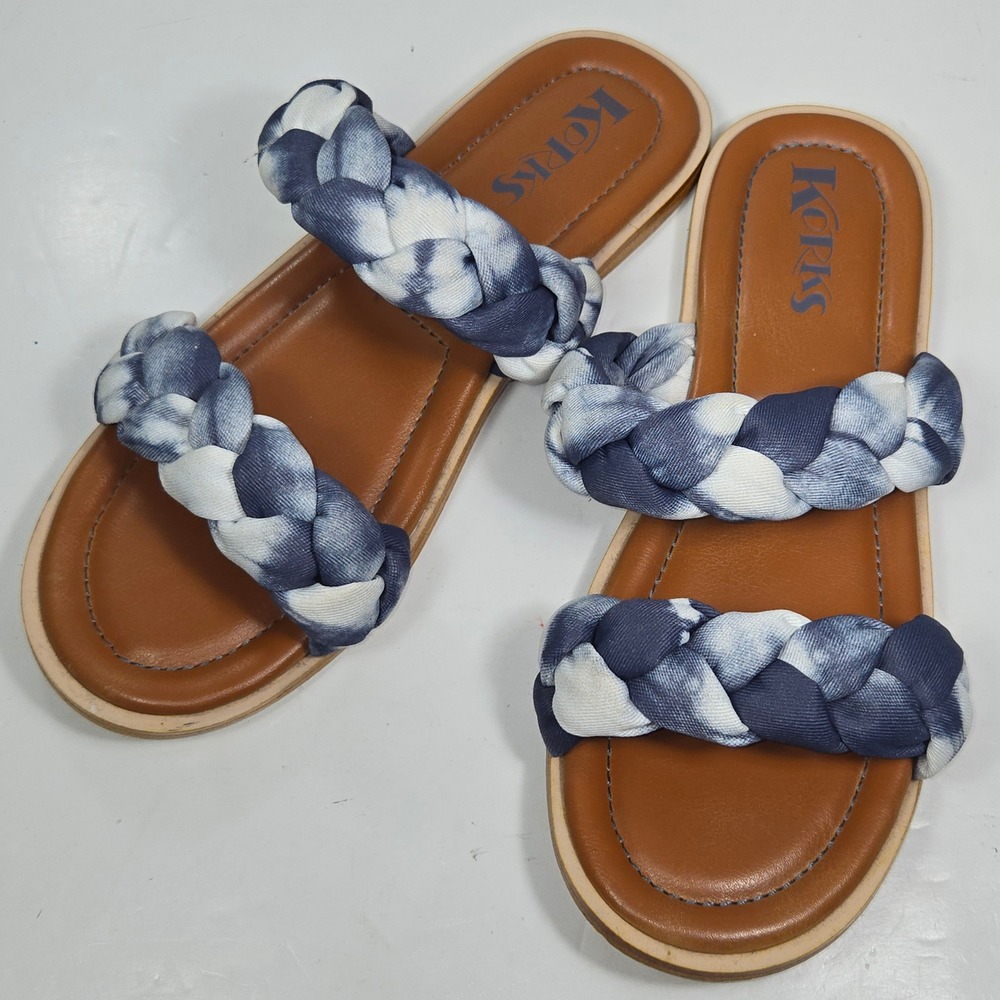 Korks Blue White Tie Dye Braided Double‎ Strap Slide Sandals Womens 8